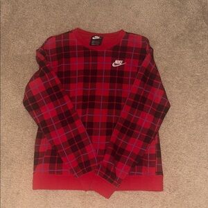 Nike Men's Red and Black Plaid Crewneck Sweater